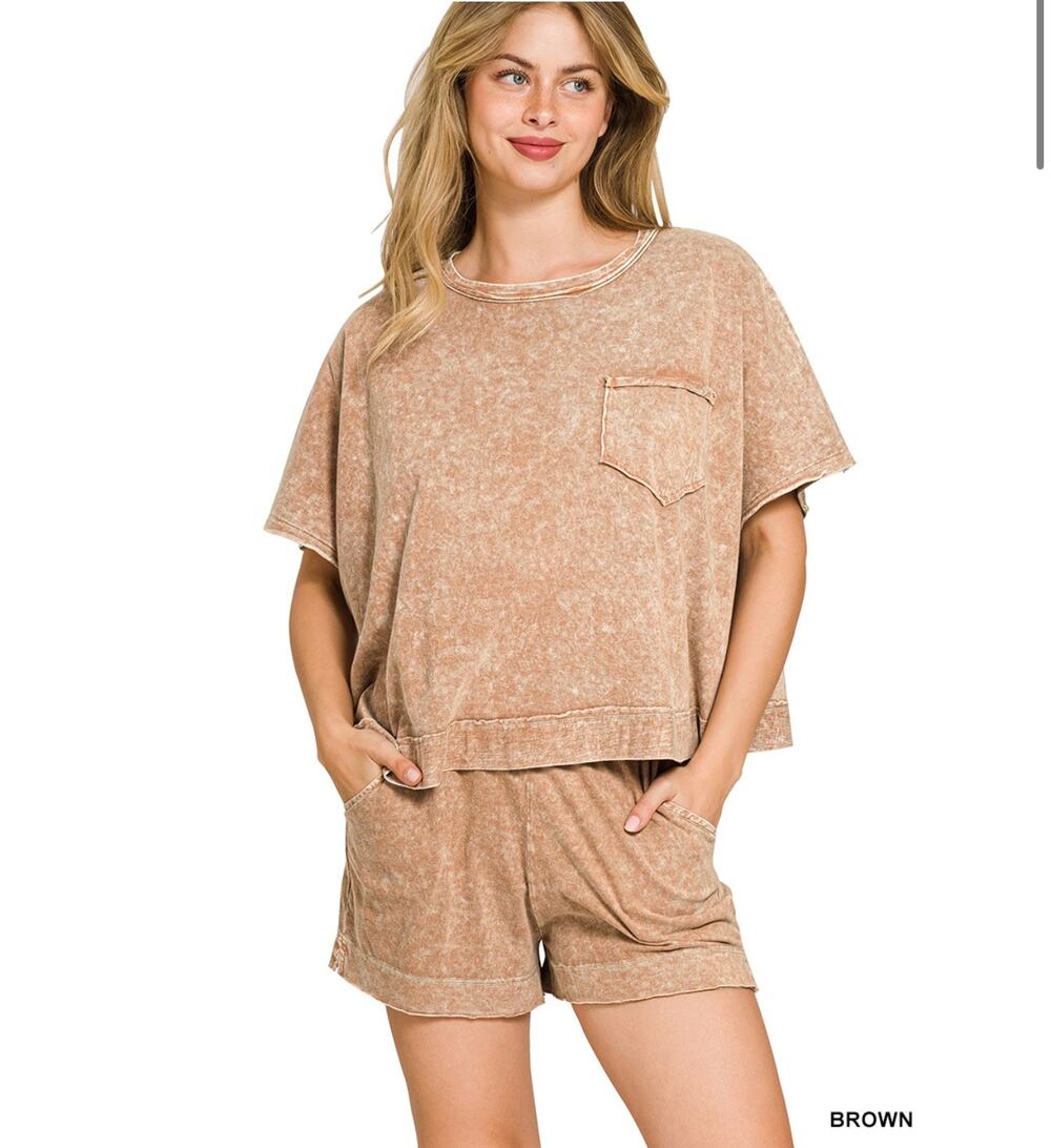 ZENANA HALO SNOW WASHED BOXY TOP & SHORTS SET - BROWN